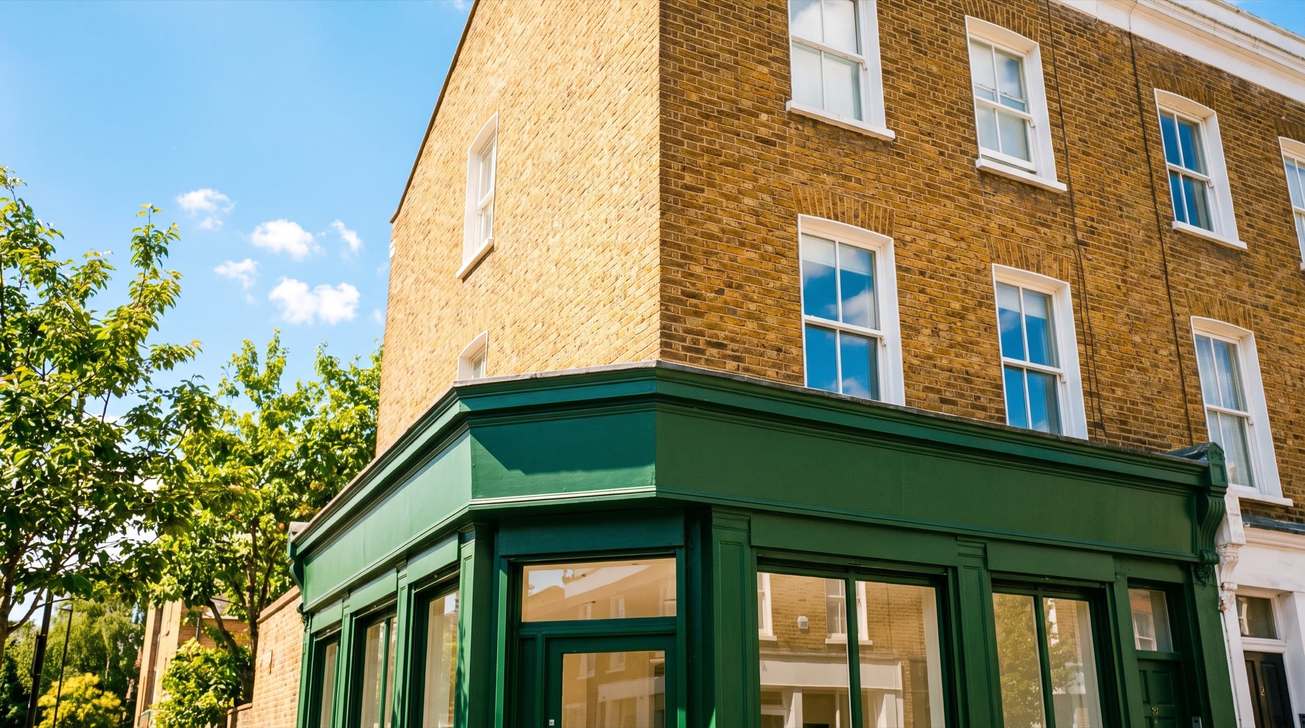 An East London mixed-use corner building at golden hour, shop below and flats above