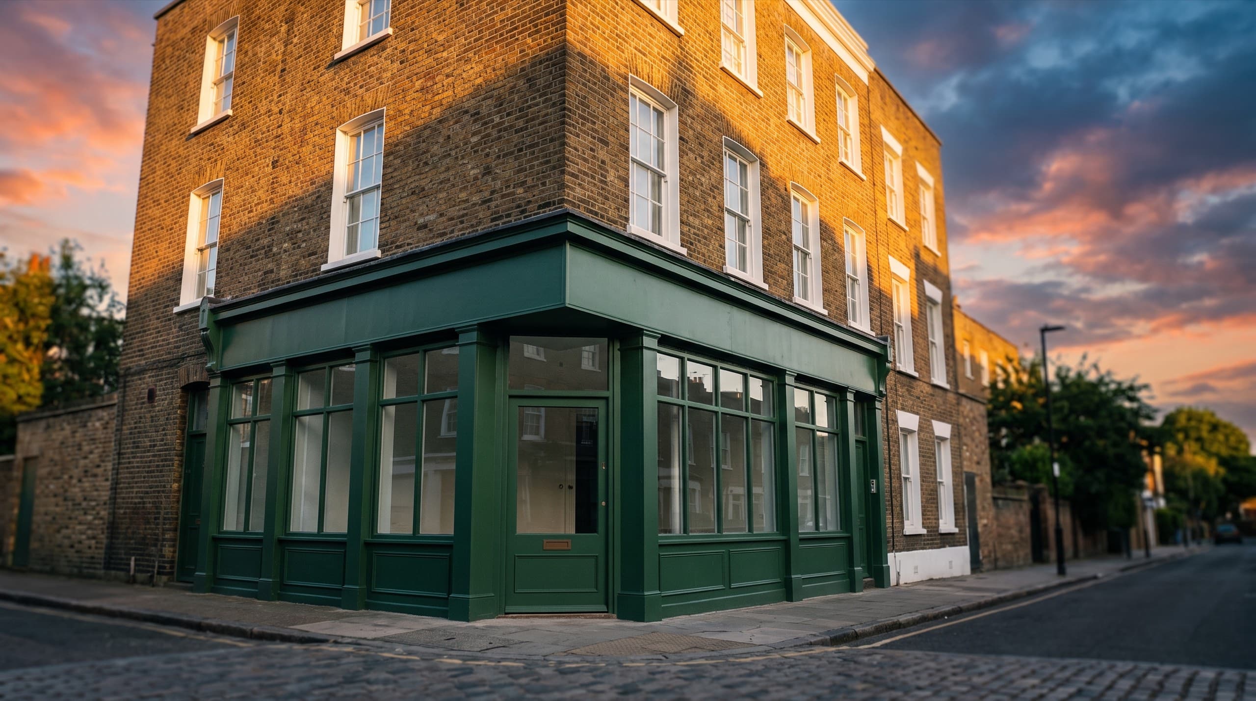 An East London mixed-use corner building at golden hour, shop below and flats above