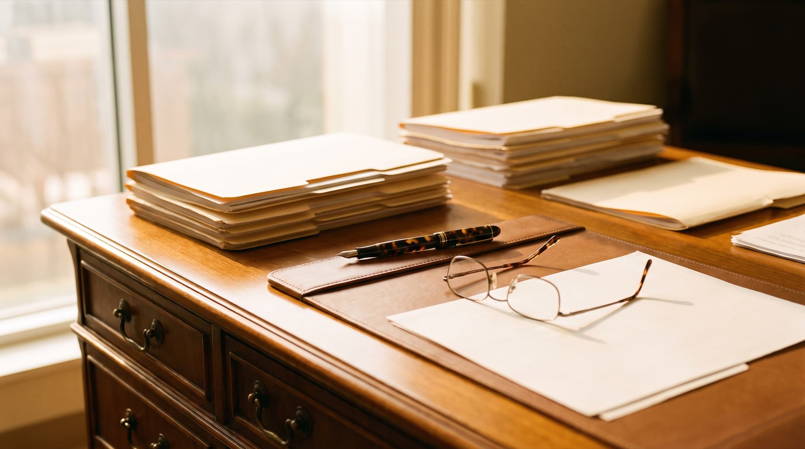 Neat document folders and a fountain pen on a desk in warm window light