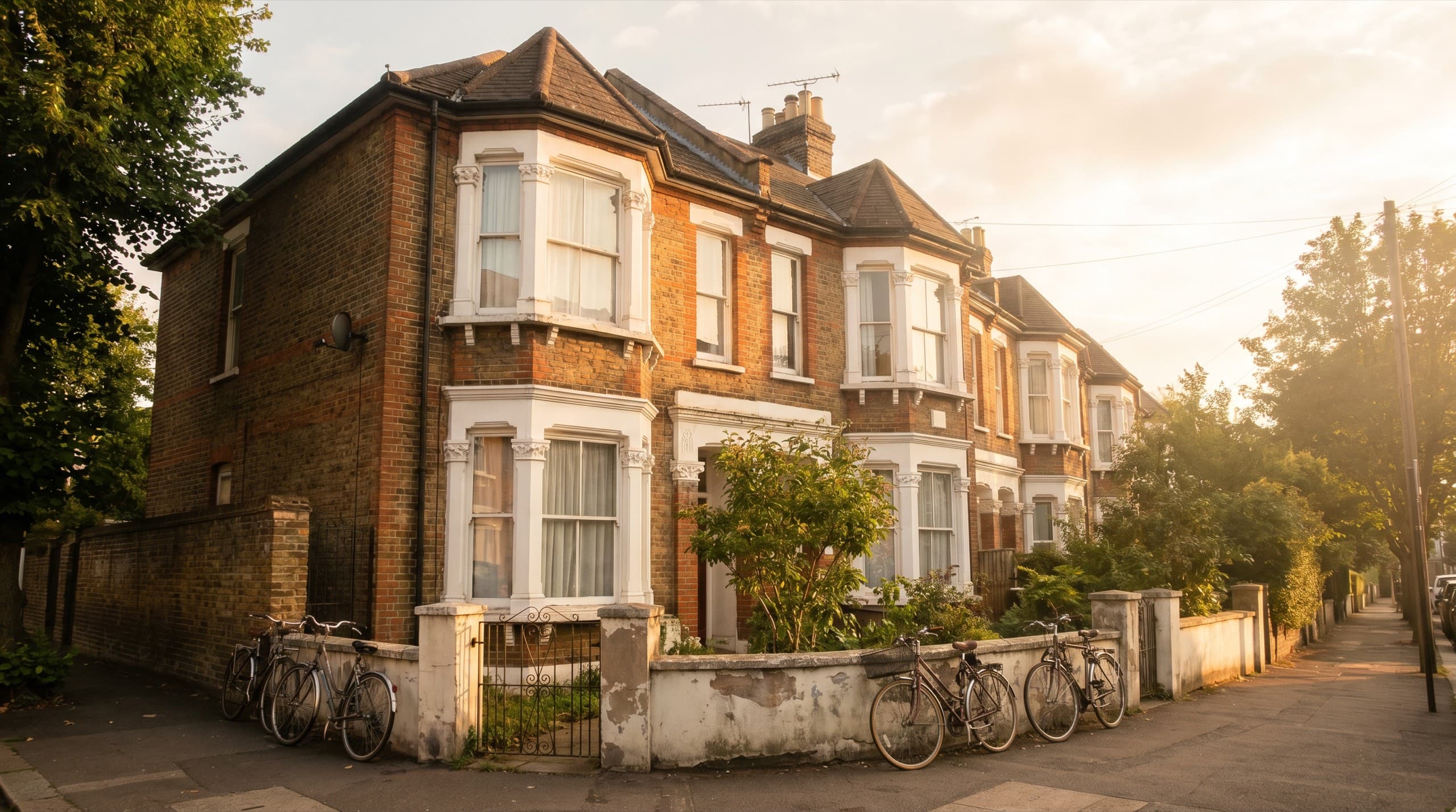 Large Victorian house converted to flats on an East London street at golden hour, bicycles by the front wall