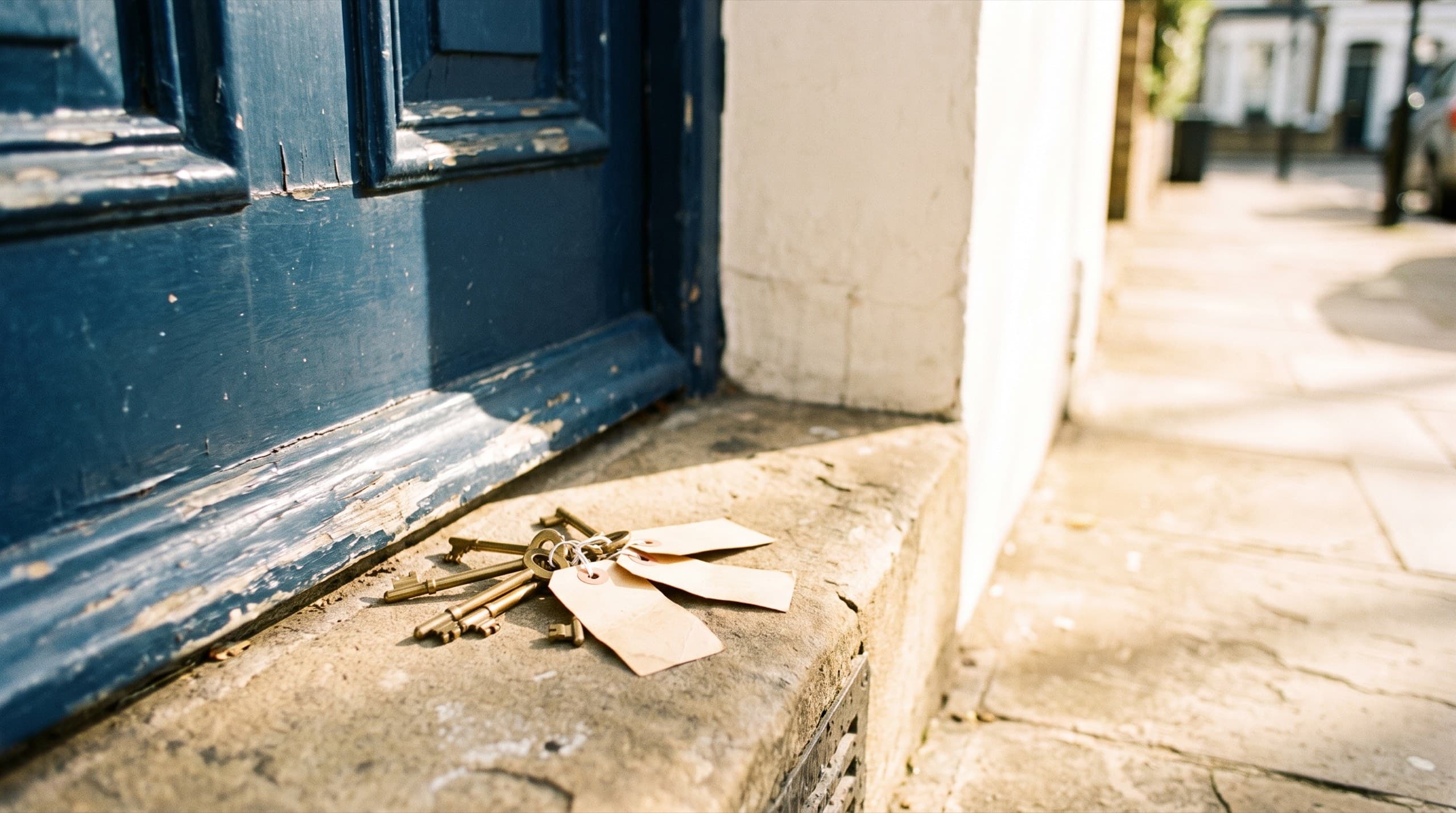 Brass keys with paper tags on a bright London doorstep