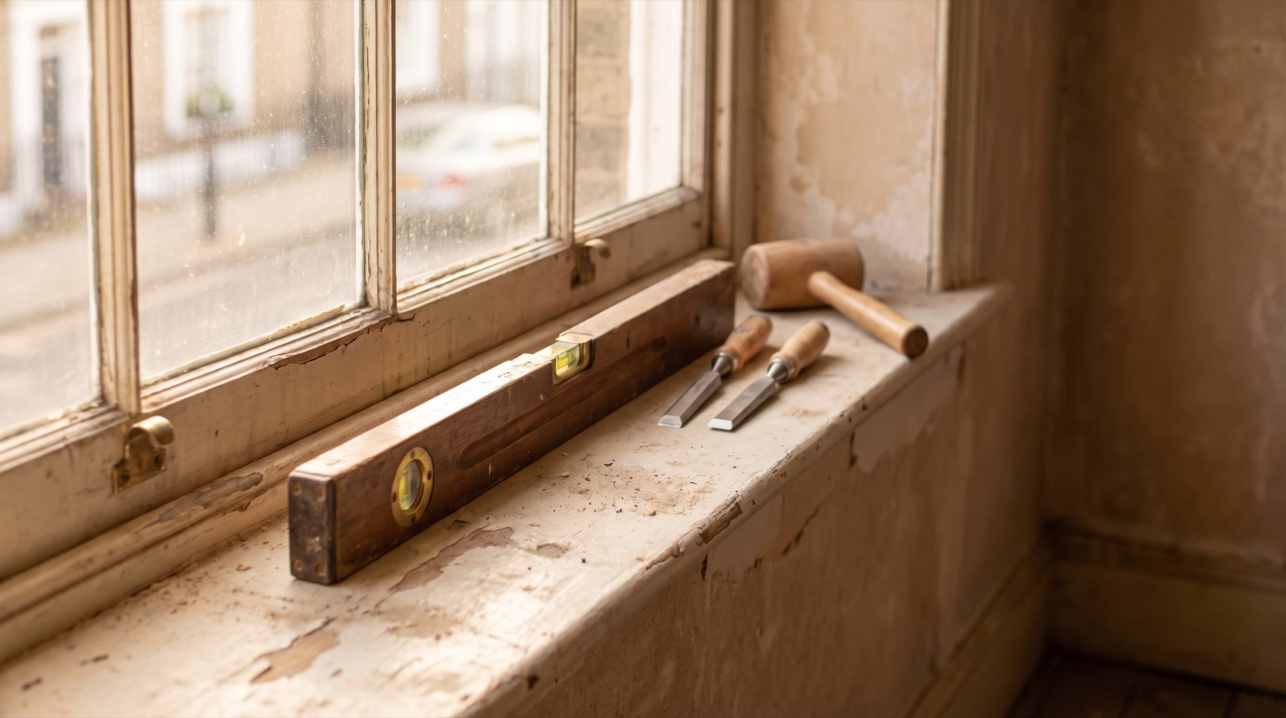 Craftsman's level and tools on a sunlit sash windowsill in a London period property