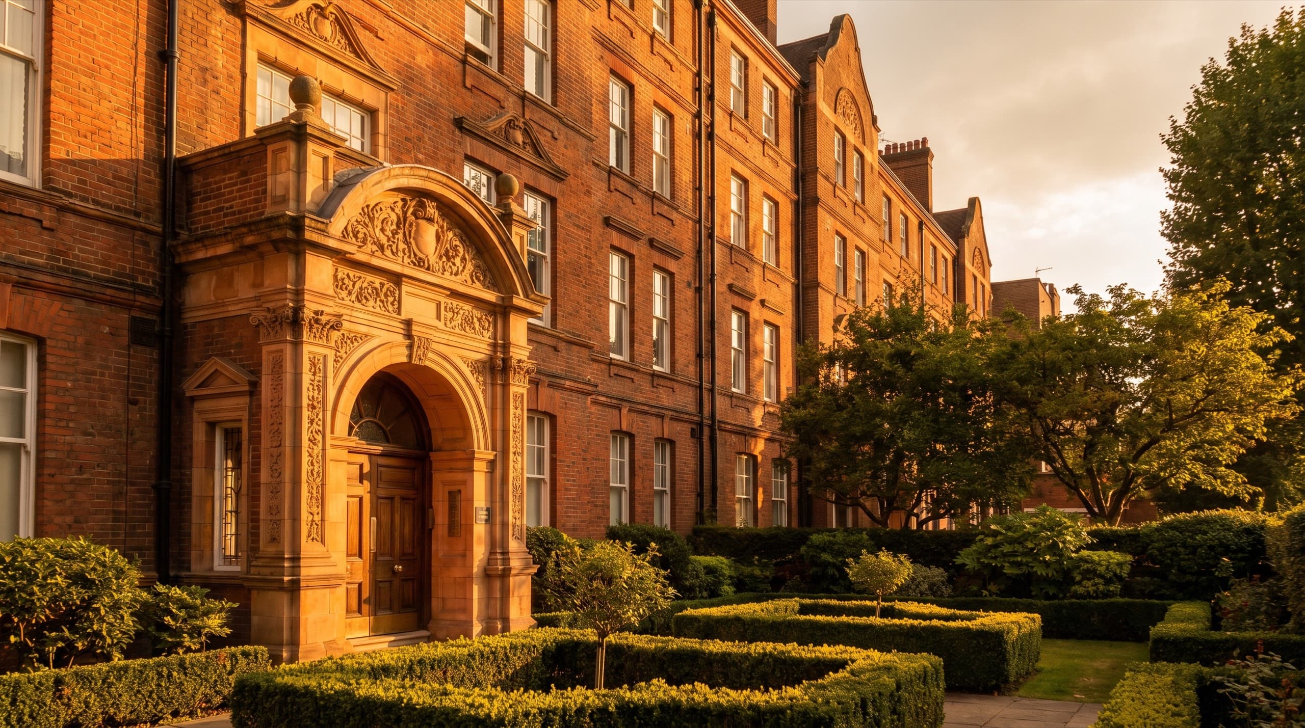 Red-brick Edwardian mansion block with communal gardens in warm evening light