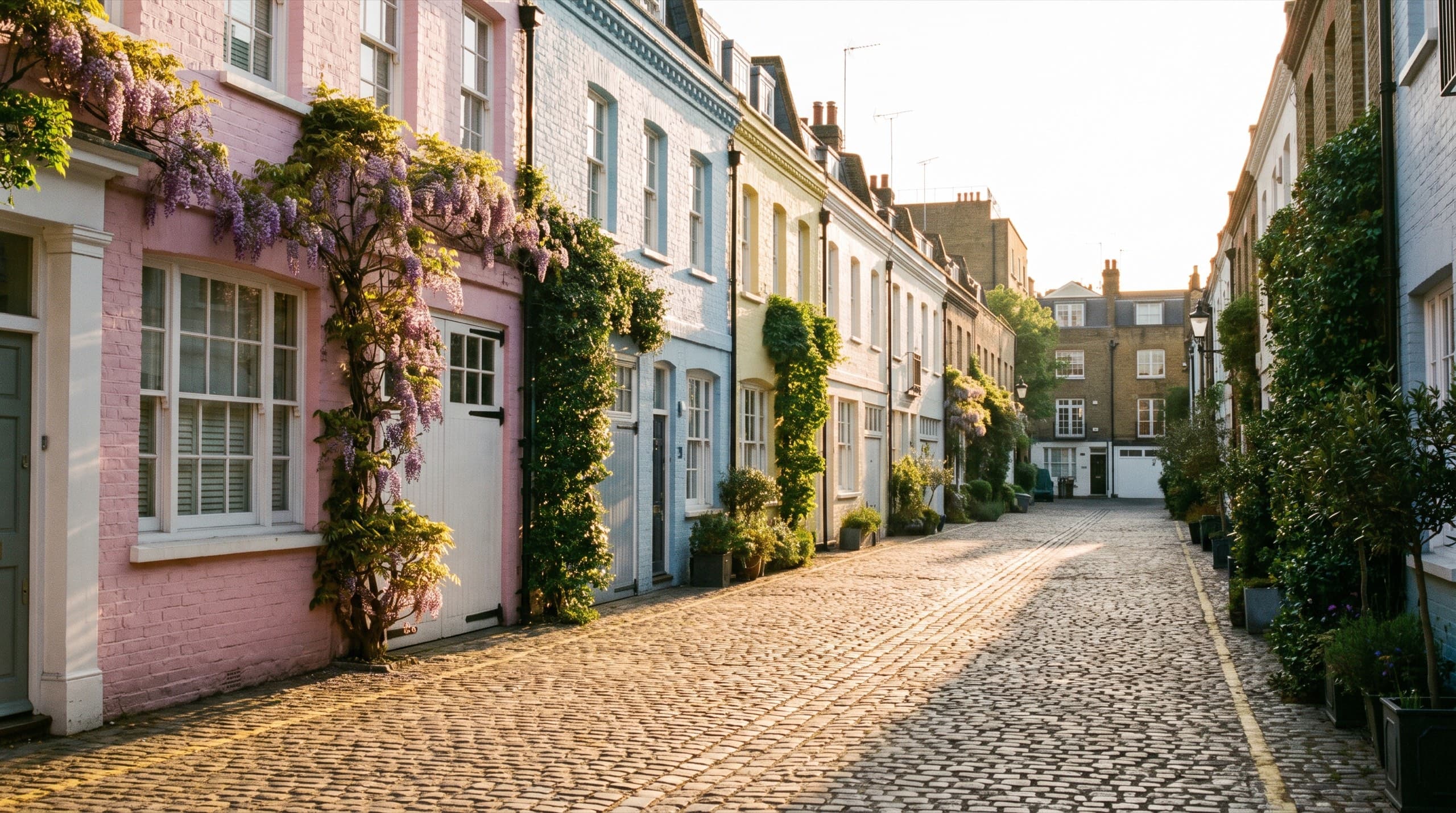 Bright cobbled London mews lane with pastel houses in warm sun