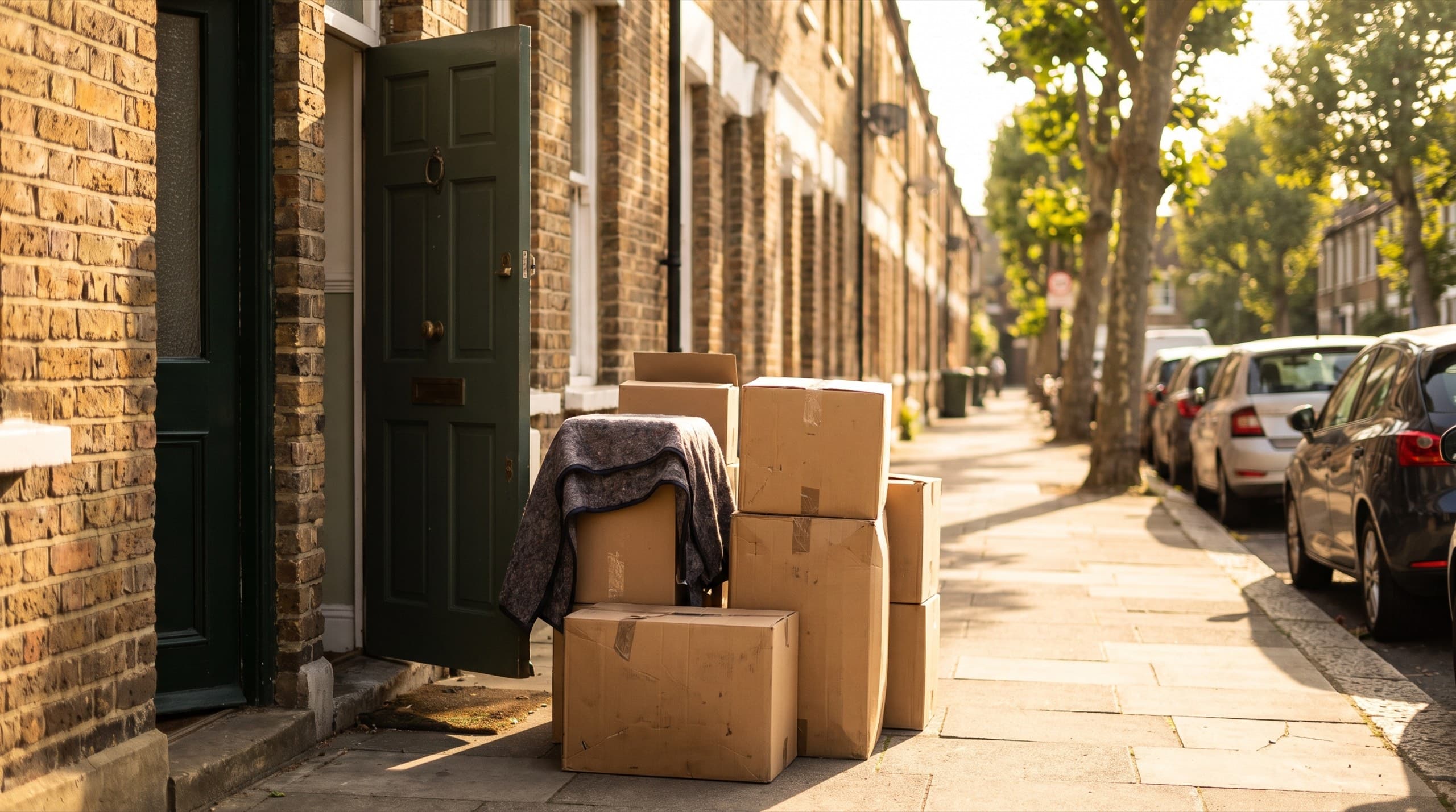 Moving boxes by an open period front door in warm afternoon light