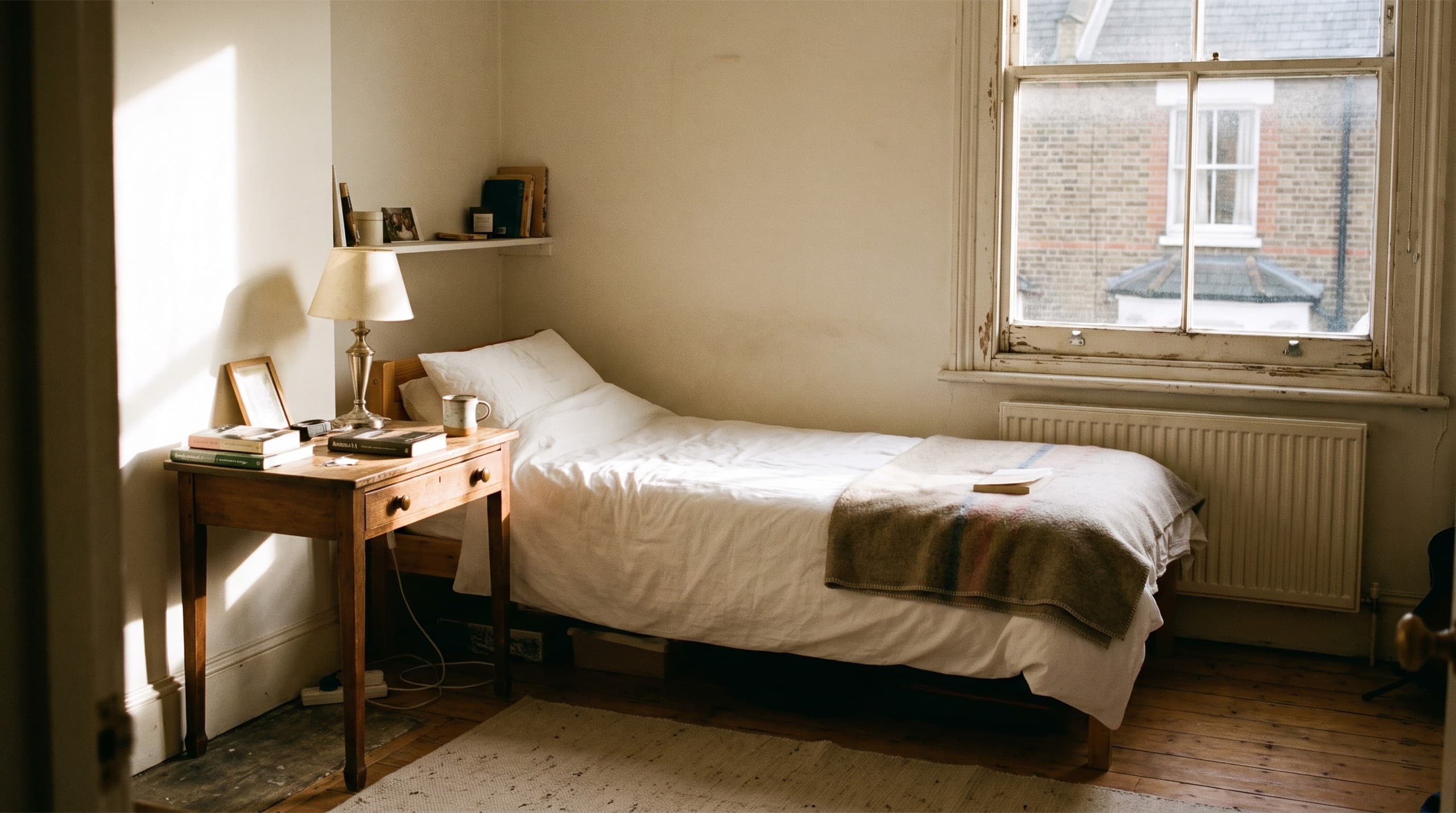 A modest, clean single bedroom with a made bed and desk in warm morning light
