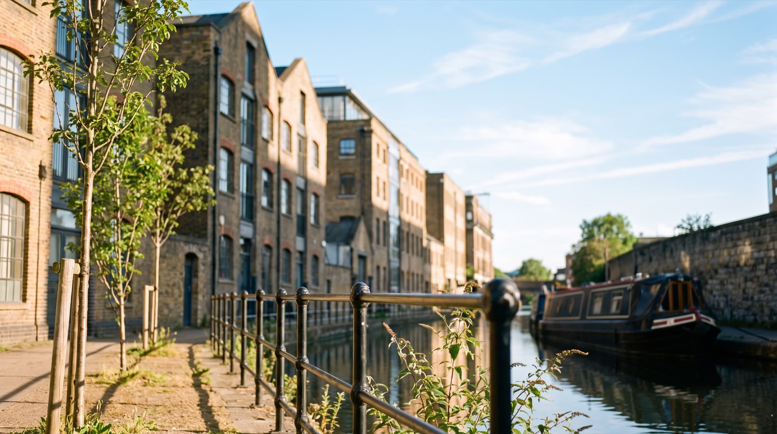 Canal-side brick warehouses and a narrowboat near Stratford in warm morning light