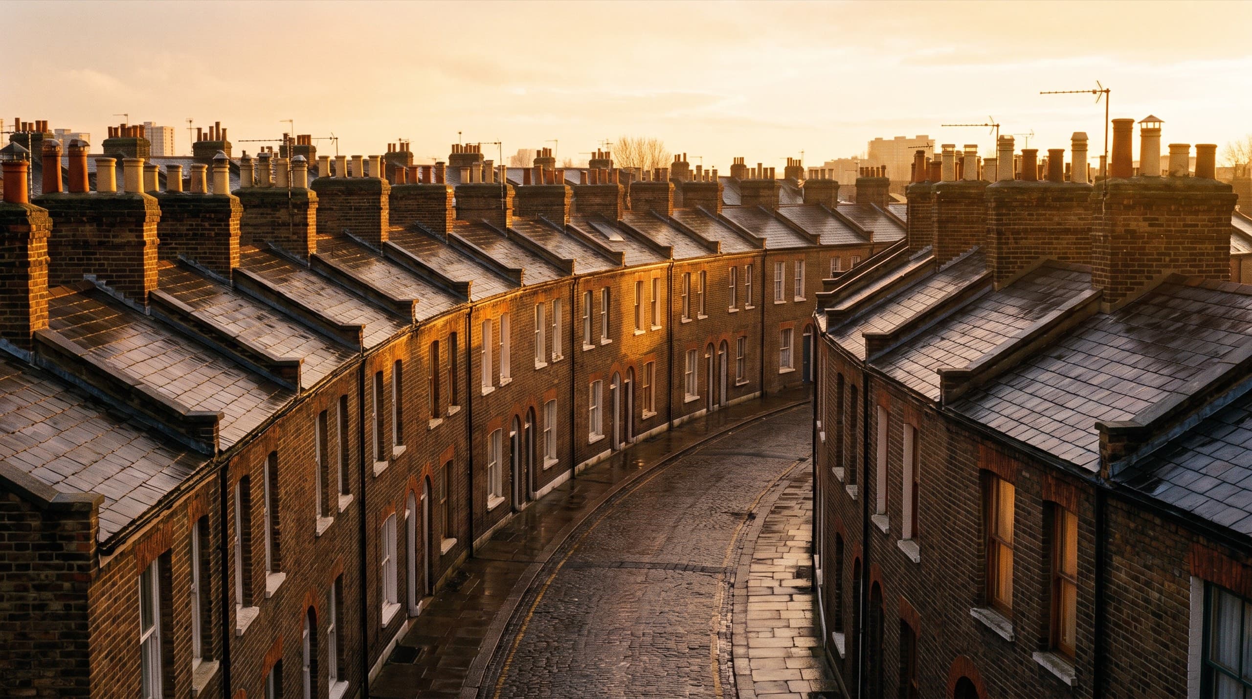 Curving row of East London Victorian terraces at dusk, windows beginning to glow