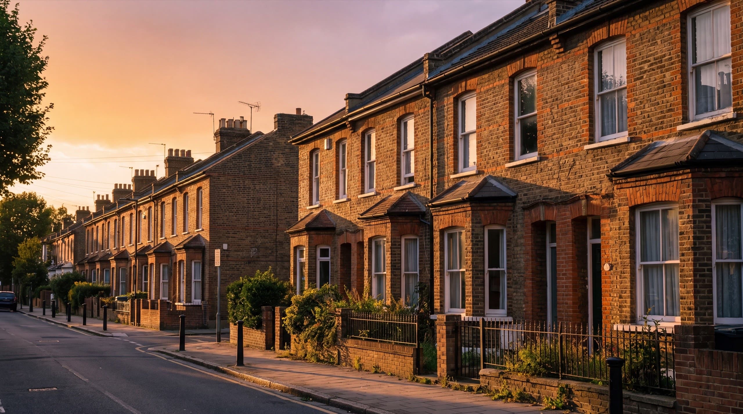 Victorian terraced houses on an East London street at golden hour